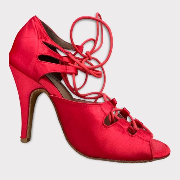 Burju Latin Dance Alemana Red Satin Open Toe Lace Up Heeled Sandals Size 6.5 - Picture 12 of 16